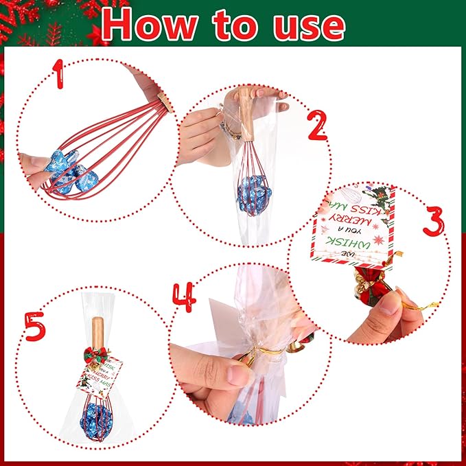 12 Sets Christmas Whisk Gifts DIY Fillable Christmas Whisk Baking Supplies Includes Stainless Steel Whisks, Greeting Cards, Ribbons, Plastic Bags for Employee Cooking Supplies Xmas Stocking Stuffers