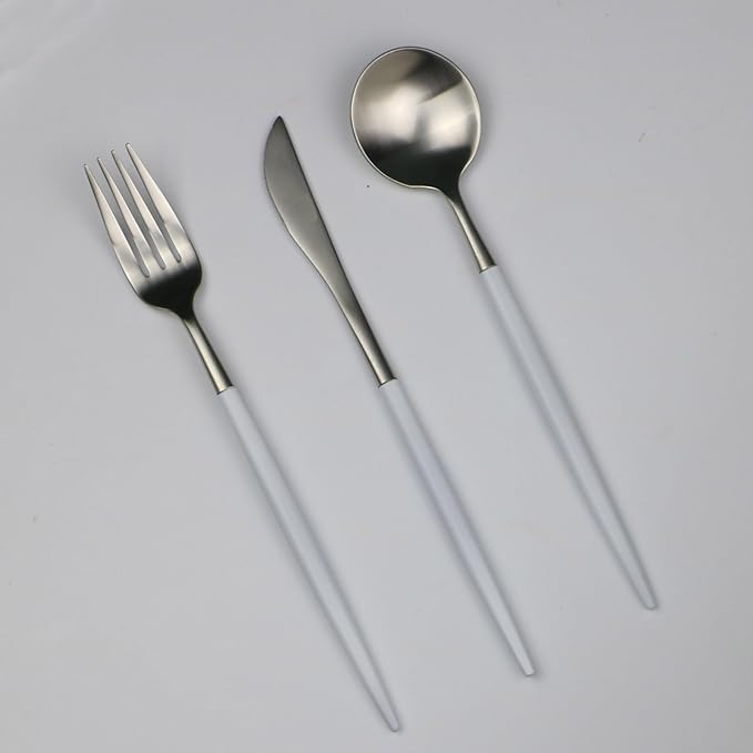 Customized 5-Piece 18/10 Stainless Steel Flatware Set, Serive for 1, With Fork Spoons Knife Teaspoon Dessert Fork for Home Kitchen Restaurant Hotel (White + Silver)