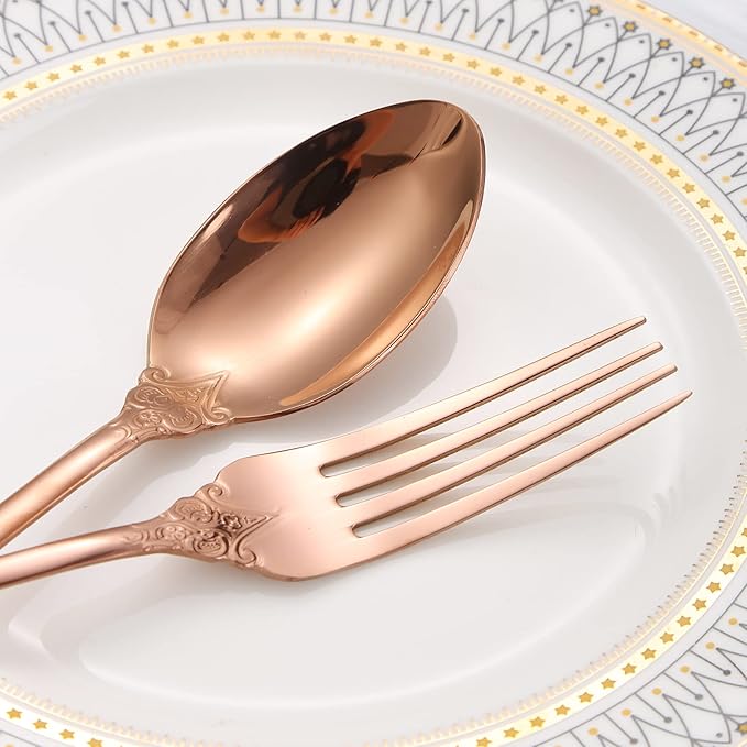Royal Silverware Set for 8 Copper/Rose Gold Stainless Steel Flatware Retro Cutlery Vintage Eating Utensils Carved Design for Home Kitchen Restaurant Parties
