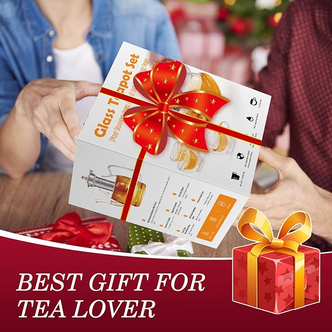Tea Pot Set – 1200ml Glass Teapot with Removable Stainless Steel Infuser, and 4 Glass Teacups, Stovetop Safe Tea Kettle Gift Set, Blooming and Loose Leaf Tea Maker Set