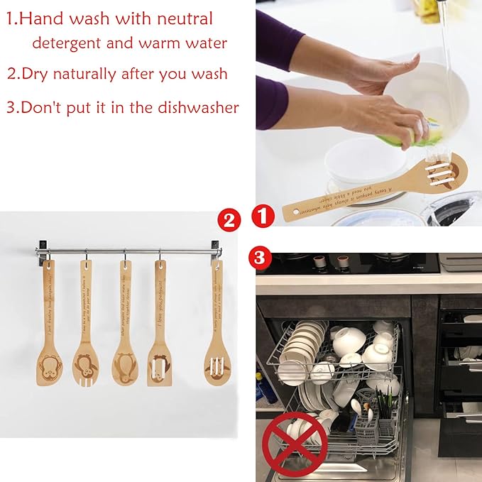 5PCS Penguin Wooden Cooking Spoons Set Penguin Gifts for Women Kitchen Decor Bamboo Cooking Utensil Spoons for Housewarming Wedding Anniversary Thanksgiving Christmas Gifts Mom Women