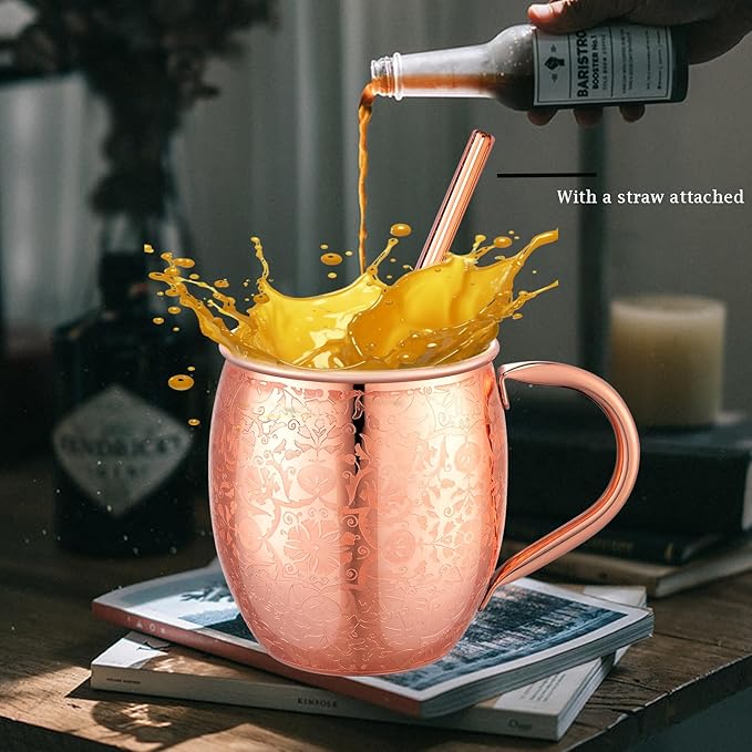 Moscow Mule MugsSet of 2-18 Oz Copper-Plated Fine Craftsmanship Etched Mugs,304 Stainless Steel-Lined Mule Cups,For Cold Drinks, Beer, Wine, Bars, Parties