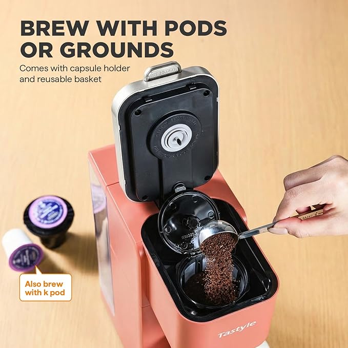 Single Serve Coffee Maker, Iced and Hot Coffee Machine for K Cup & Grounds, Compact Design, 40oz Removable Water Reservoir, 6 to 24 Oz Brew Sizes, Fits 7.3" Travel Mug, Salmon