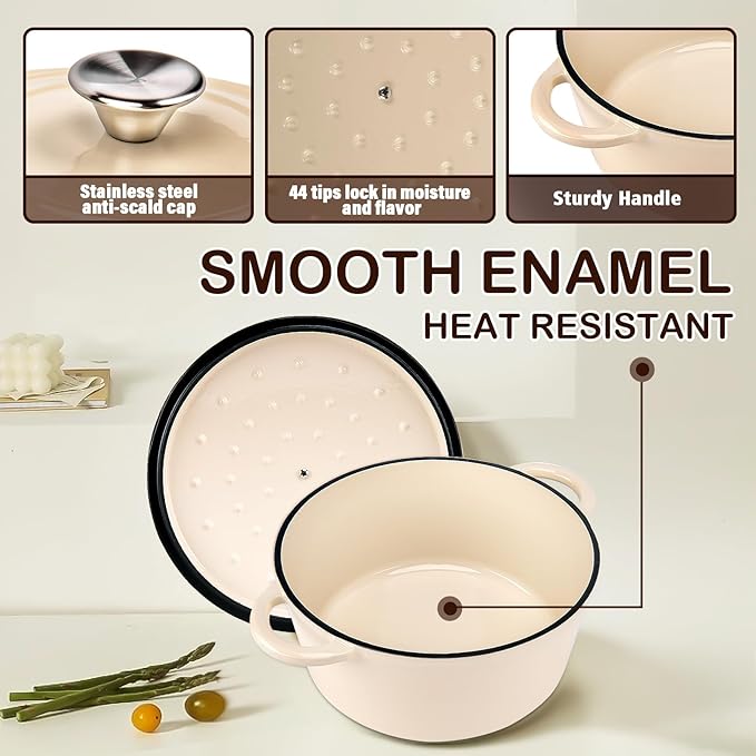 Enameled Cast Iron Dutch Oven Pot with Lid 5.5 Quart Enameled Dutch Oven with Dual Handle for Bread Baking, Braising, Stews, Roasting - Non-stick Cookware(White)