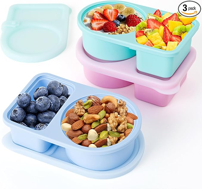 3 Pack Reusable Silicone Snack Containers with Lids, 8.5 OZ Double Compartment Snackle Box for Kids, Leakproof Small Snack Packs Container for Salad Dressing, School, Office, Travel, Picnic