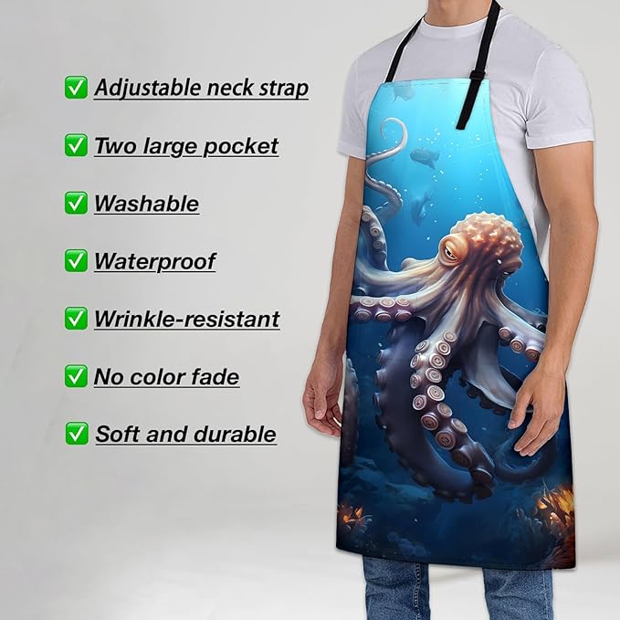 Octopus Apron for Women Men 28x33in, Kitchen Chef Aprons with 2 Pockets, Polyester, Underwater Octopus Apron
