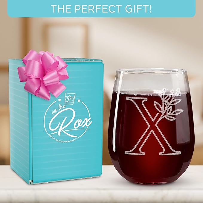 On The Rox Drinks Monogrammed Gifts For Women and Men - Letter A-Z Initial Engraved Monogram Stemless Wine Glass - 17 Oz Personalized Wine Gifts For Women and Men (X)