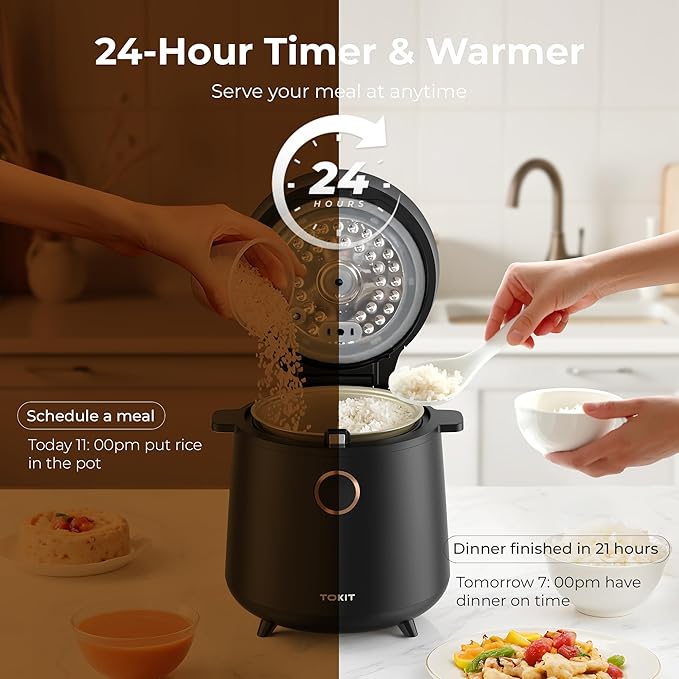 TOKIT Rice Cooker 3 Cup Uncooked/6 Cup Cooked, Nonstick Inner Pot Ceramic Rice Cooker Small,24H Timer Delay & Keep Warm, Portable 9 Preset Functions for Brown Rice, Steam, Soup, Black