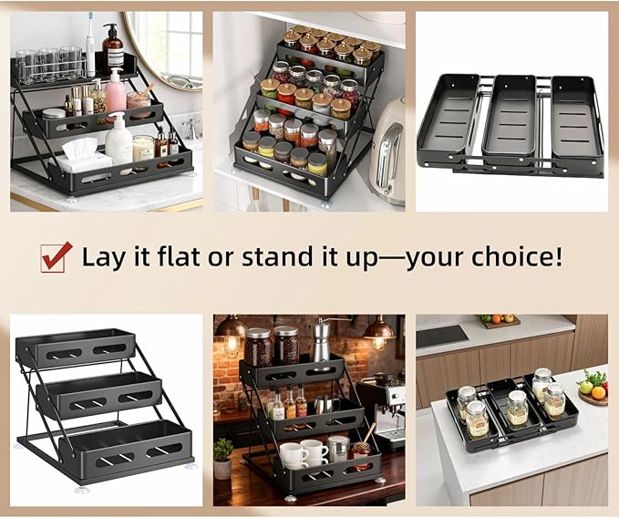 Bokelai Spice Rack for Countertop 3 Tier Foldable Seasoning Organizer Jars Storage Holder Step Shelf for Cabinet Kitchen Black