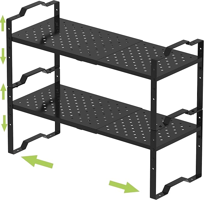 Expandable Shelf for Cabinet Organizer Adjustable Stackable Spice Rack at Kitchen and Bathroom More, Counter Countertop Cupboard Organization Pantry Storage (2 Packs/Black, Medium)