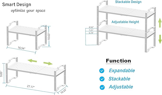 Expandable Shelf for Cabinet Organizer Adjustable Stackable Spice Rack at Kitchen and Bathroom More, Counter Countertop Cupboard Organization Pantry Storage (1 Pack/White, Large)