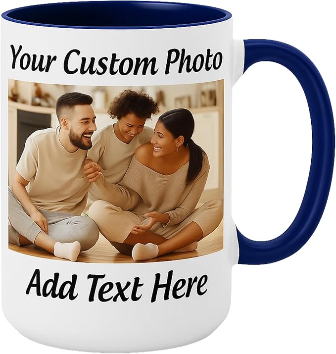 Customized 15oz Ceramic Coffee Mugs with Personalized Text and Photo Image Upload Novelty Gift, Personalize With Different Design And Images, Custom Gift (Dark Blue)