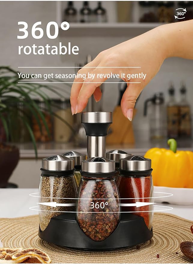 360° Rotating Spice Rack, 6PC Spinning Glass Spice Jars Suitable for kitchen countertops, spice storage, cooking, outdoor BBQ,(Spices Not Included)