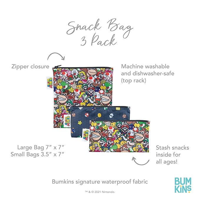Bumkins Nintendo Reusable Sandwich and Snack Bags, for Kids School Lunch and for Adults Portion, Washable Fabric, Waterproof Cloth Zip Bag, Travel Pouch, Food-Safe, 3-pk Super Mario