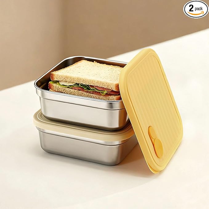 2 Pack Reusable Stainless Steel Sandwich Containers – Durable, Eco-Friendly, Leak-Proof Design, 22 oz (White & Yellow)