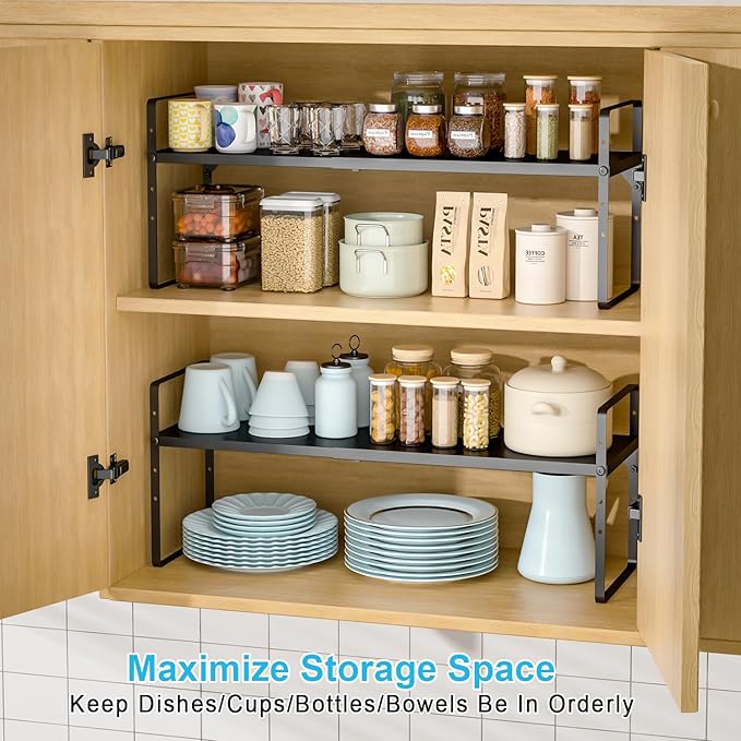15.5 to 25.5 Inch Expandable Kitchen Cabinet Organizer Shelf, 2 Pack 30 LBS Heavy Duty Adjustable Kitchen Counter Storage Shelves Organizers,Stackable Small Storage Shelf Rack For Cabinet Cupboard