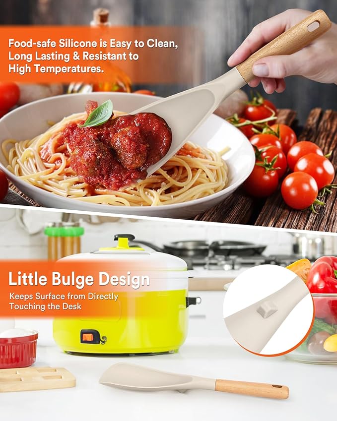 Cooking Spoon and Scraper for Nonstick Cookwares, Great for Cooking and Serving Durable BPA-Free Matte Silicone, Wood Handle Multifunction Spoon for Mixing, Scoop, and Scrape (KHAKI)