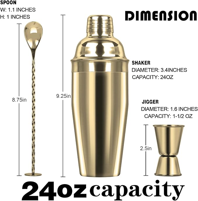 Tiawudi Large 24oz Cocktail Shaker Set, Stainless Steel 18/8 Martini Mixer Shaker with Built-in Strainer, Measuring Jigger & Mixing Spoon, Martini Shaker Set, Perfect for Bartender and Home Use, Gold