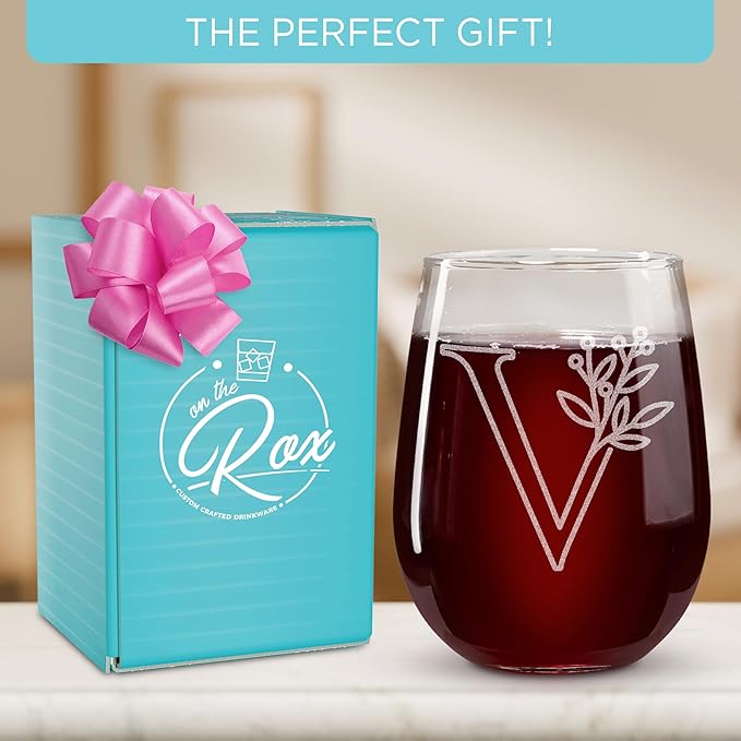 On The Rox Drinks Monogrammed Gifts For Women and Men - Letter A-Z Initial Engraved Monogram Stemless Wine Glass - 17 Oz Personalized Wine Gifts For Women and Men (V)