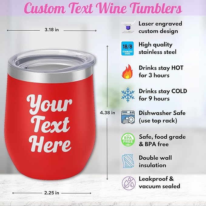 Gifts Inscribed Personalized Wine Tumbler with Lid – Red Custom Text Engraved Stainless Steel Insulated Mug for Hot & Cold Drinks – Customized Bridesmaid, Wedding, or Birthday Gift