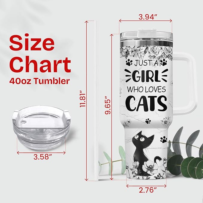 34HD Funny Black Cat Tumbler with Handle and Straw, 40oz Stainless Steel Vacuum Insulated Kitty Coffee Mug, Cat Lover Gifts for Women Birthday Mothers Day Halloween Christmas