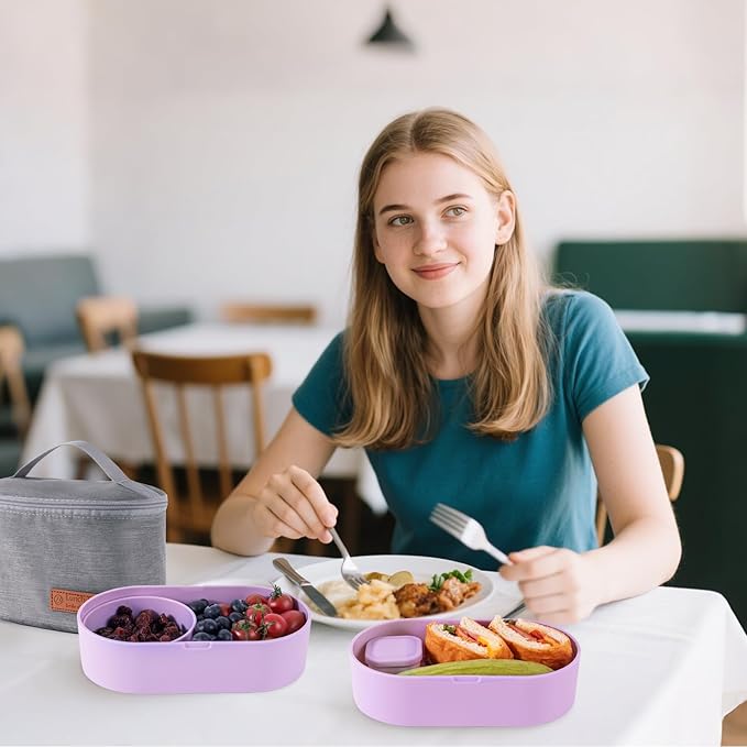 Bento Lunch Box Set -2 Stackable Adult And Women's Lunch Boxes - Including Lunch Bag, Leak Proof And Bisphenol Free A - Built-In Cutlery Set - Dishwasher Safe (Purple)
