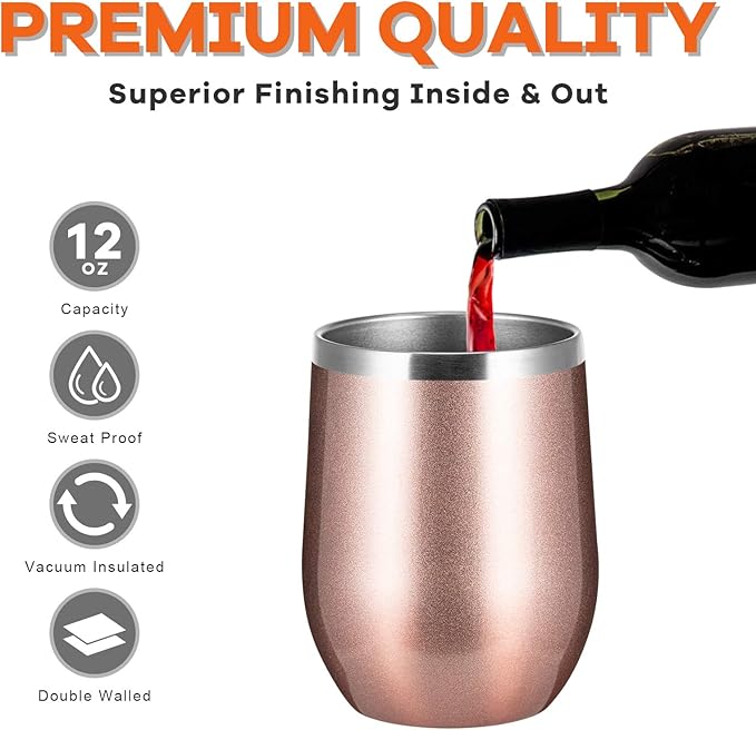 COMOOO Rose Gold Stainless Steel Wine Tumbler Bulk with Lid and Straw 12oz Double Wall Vacuum Insulated Travel Tumbler Cup for Coffee Wine Cocktails Ice Cream Cup (Rose Gold, 6 pack)