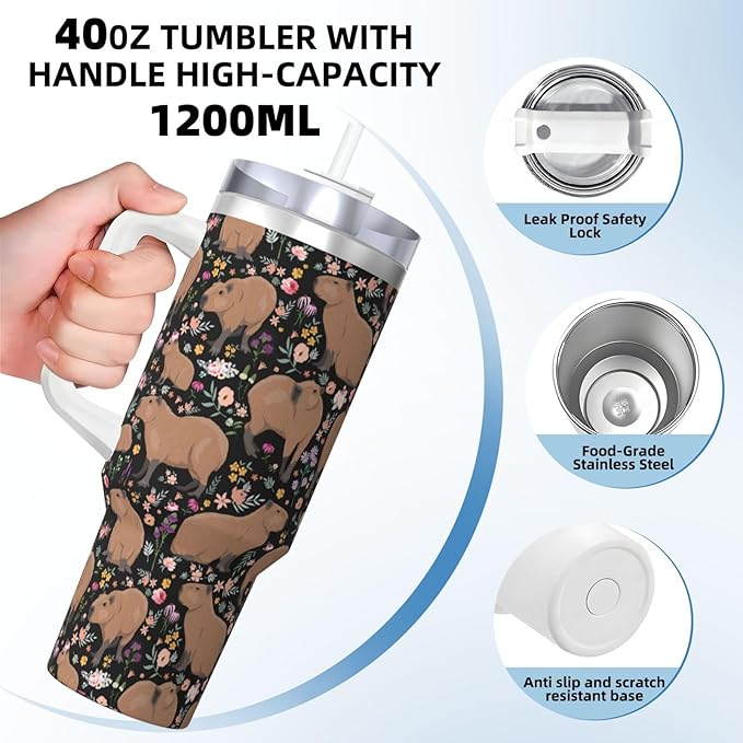 Capybara Gifts Capybara Tumbler Cute Water Bottle Cups for Girls, Teens, Women, Men Stainless Steel Vacuum Insulated 40oz Tumbler with Lid and Straw for Water, Iced Tea or Coffee, Black