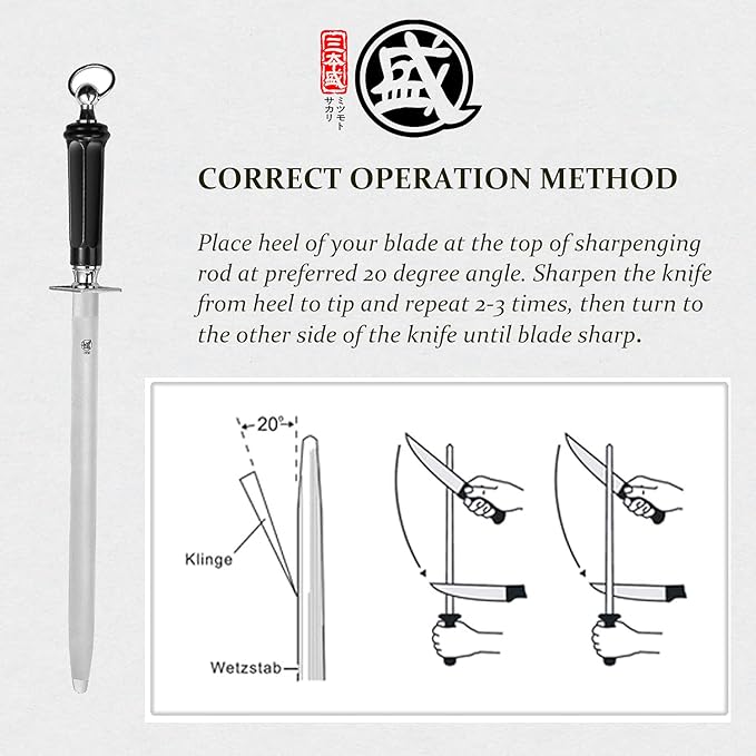 MITSUMOTO SAKARI 12 inch Japanese Honing Steel - Round Diamond Knife Sharpening Rod, Professional High Carbon Sharpener with ABS Handle & Powerful Magnet
