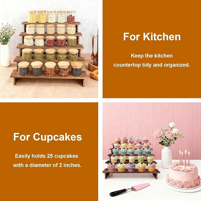 5 Tier Wood Cupcake Stand, Perfume Organizers, Cologne Organizer for Men, Display Risers for Dessert, Spice, Candles, Matcha Station, No Tools Required to Install
