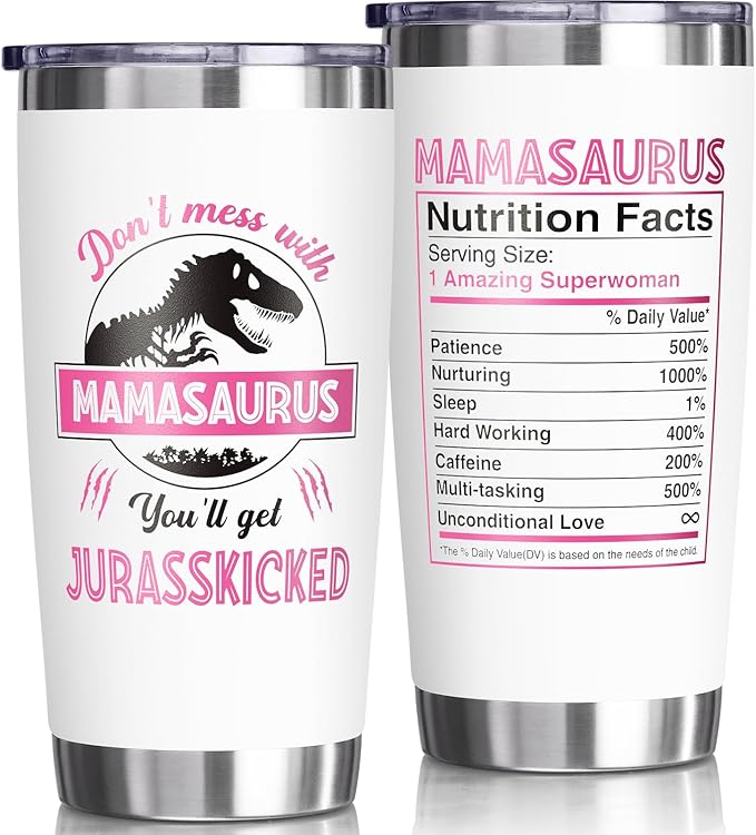 Gifts for Mom, Christmas Gifts from Daughter Son, 20 OZ Tumbler Best Birthday Gifts for Mama Mother-in-Law Wife Mother to Be, Mamasaurus Insulated Cup with Handle New Mom Gift for Wife from Husband