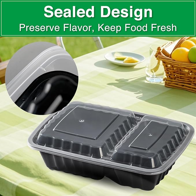 Meal Prep Containers 2 Compartment 50 Pack, 28 oz Divided Reusable Food Storage Containers with Lids Takeout Food Storage Black, Microwave Dishwasher Freezer Safe, Stackable, BPA Free