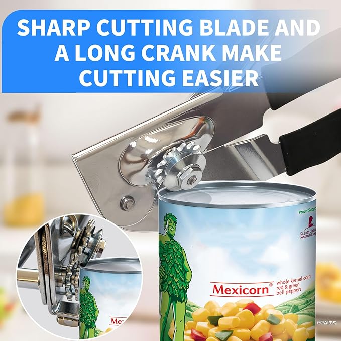 Crank Can Opener Manual，Heavy Duty for Seniors with Ergonomic Soft Grip Handles and Magnetic Lid Lifter for Large Cans,Stainless Steel, Black
