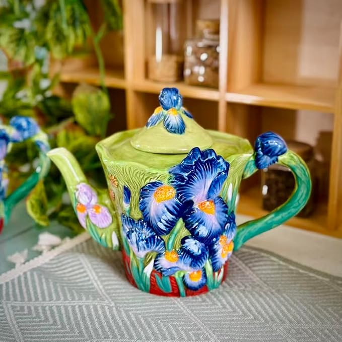 Ceramic Coffee Pot, 3D Hand-Painted 40oz Lrises Flower Teapot, Home Décor