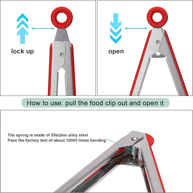 4in1 Stainless Steel Kitchen Food Tongs Set for Cooking with Silicone Tips, Toaster Steak Pie Pizza Pasta Spaghetti Noodles Salad Fruit Vegetable Grill BBQ Buffet Clamp Serving Tools Gadgets