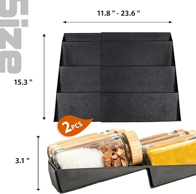 Spice Drawer Organizer, 4 Tier- 2 Pack Drawer Seasoning Organizers, Kitchen Spice Rack Tray Expandable From 12" to 24", Black Spice Rack Insert for Cabinet Countertop(Jars Not Included)