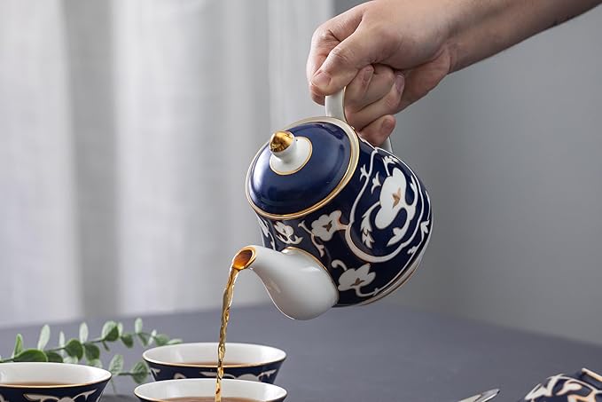 Blue and White Tea Pot - 28 oz. Bone China Teapot with White Vintage Design - Elegant Tea Serving Pot for Kitchen and Gift for Women, Men, Adults and Tea Lovers (Teapot)