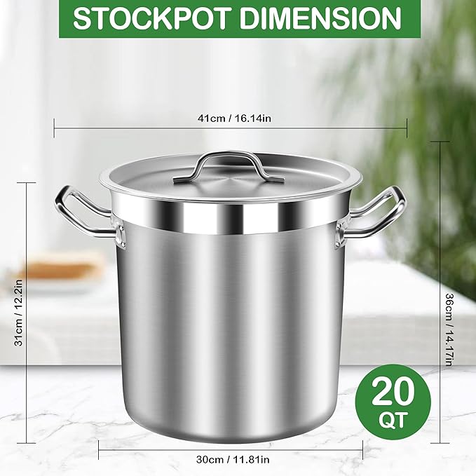 Stock Pot 20 Quart with Lid – Stainless Steel Cooking Pot for Soup, Stew, and Pasta – Heavy Duty Induction Compatible Stockpot for Kitchen or Commercial Use, Oven Safe