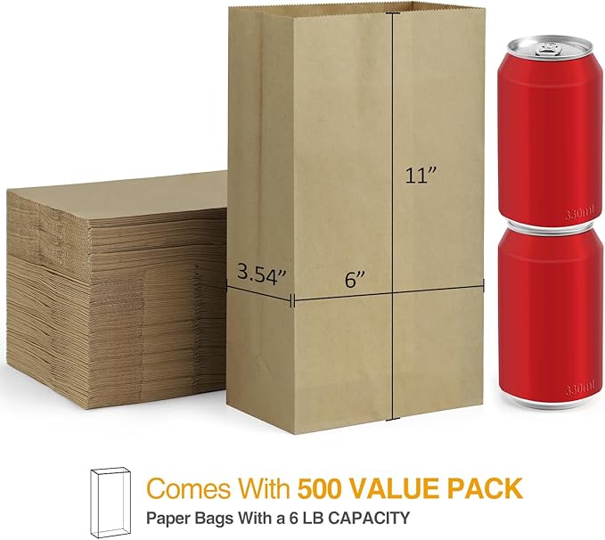 BagDream 500 Pack Paper Lunch Bags 6 Lb Brown Kraft Bag Small Paper Bags Grocery Sacks for Snacks, Crafts, Lunch 6 lb Capacity