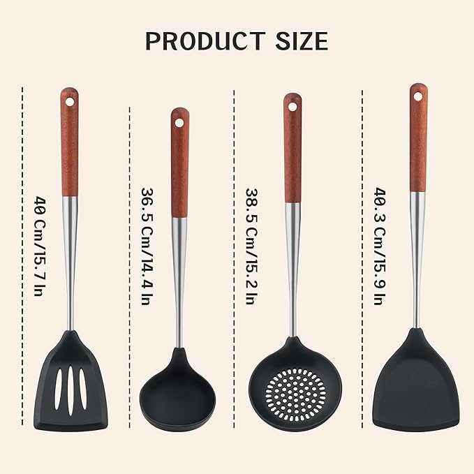 FJNATINH Silicone Spatula - Turner - Ladle - Skimmer Set Wok Utensil Set,Stainless Steel Non Stick Heat-Resistant Cooking Utensils BPA Free Kitchen Tools Cookware Wooden Handle, Pack of 4