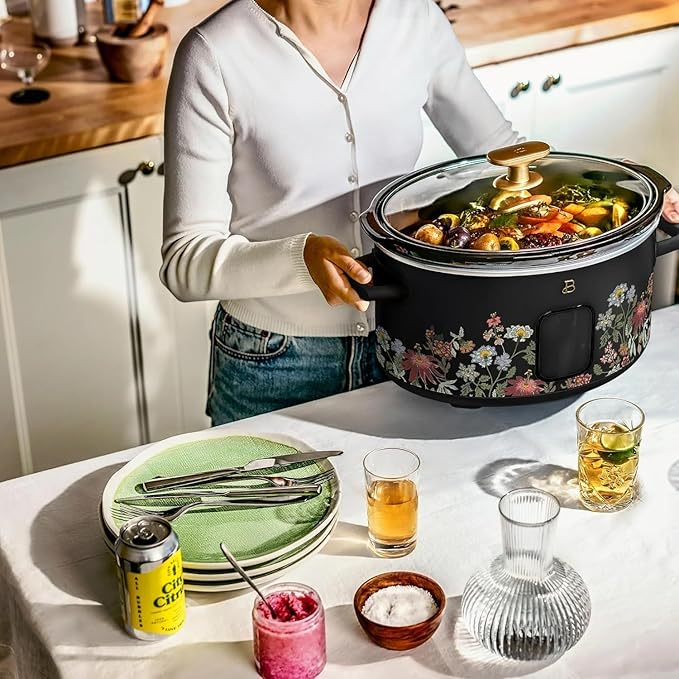 Beautiful 6 Qt Programmable Slow Cooker by Drew Barrymore - 5 Preset Cooking Functions, Digital Countdown Timer, Dishwasher-Safe Parts, and Cool-Touch Handles (Wildflower Black Sesame)