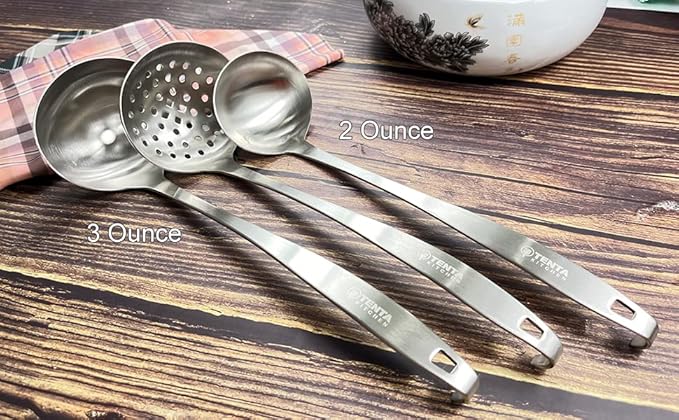 TENTA Kitchen Dia 9CM One Piece Stainless Steel Skimmer/Slotted Spoon/Strainer Ladle with Hook and Hole for Easy Hanging,11.5"x 3.6"
