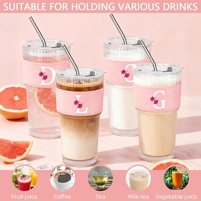 Personalized Gifts for Women,20oz Ribbed Glass Tumbler,Monogrammed Gifts for Women,Birthday Gift,Ice Coffee Mug,Christmas Gift for Mom Sister-D