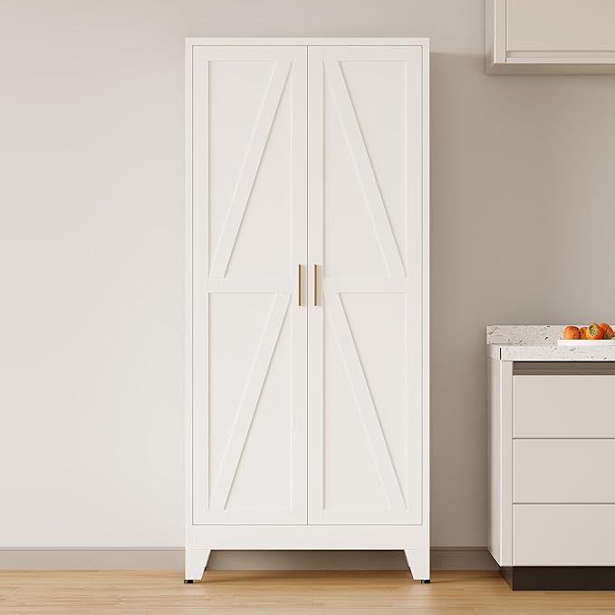 COFaR 71 in Tall Metal Storage Cabinet, Metal Cabinet with 4 Adjustable Shelves and Barn Doors, Farmhouse Cupboard Storage for Kitchen Pantry Garage Laundry, White 5-Tier