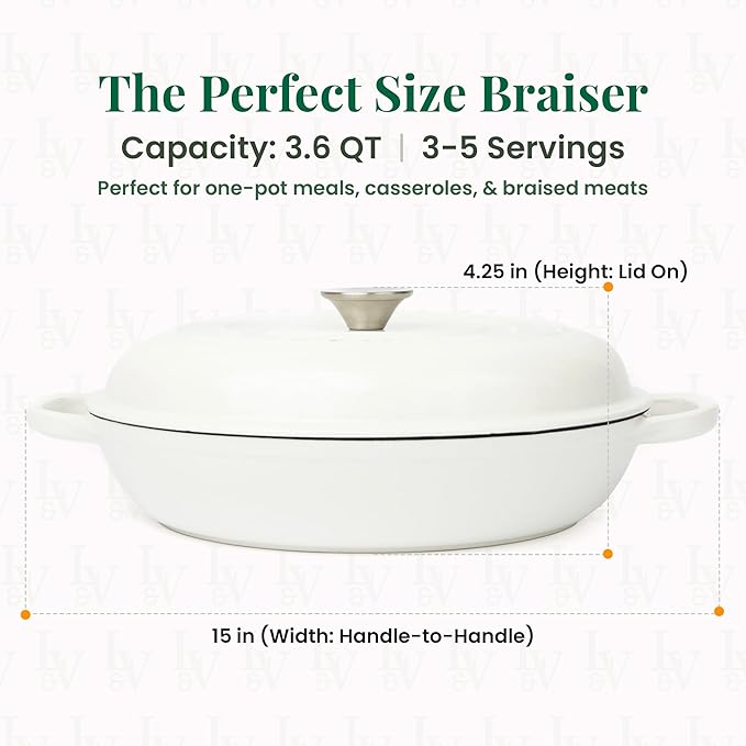 Larder & Vine Enameled Cast Iron Braiser | 3.6 qt Braiser Pan with Lid | Shallow Dutch Oven Compatible on All Cooktops | Casserole Dish Oven Safe to 500° F | Dual Handles | White