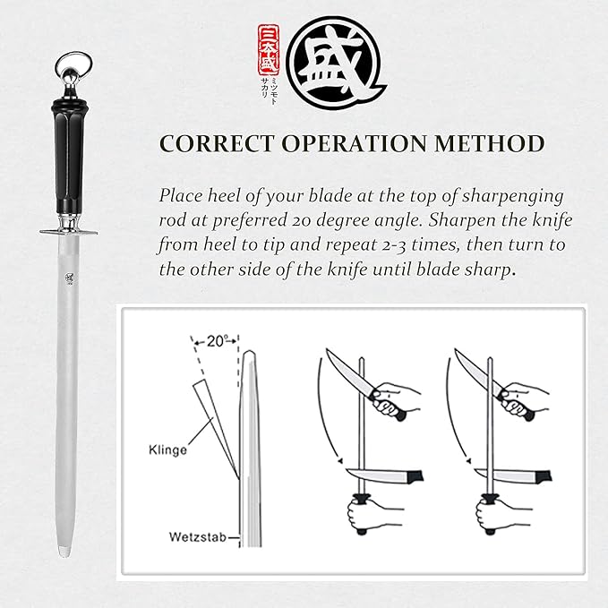 MITSUMOTO SAKARI 12 inch Japanese Honing Steel - Flat Diamond Knife Sharpening Rod, Professional High Carbon Sharpener with ABS Handle & Powerful Magnet