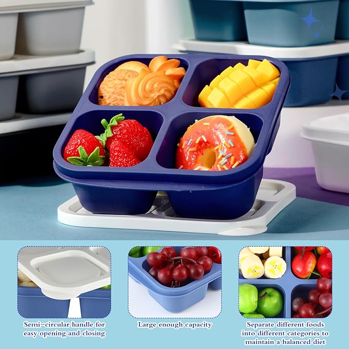 Honeydak 10 Pack Snack Container 4 Compartment Reusable Bento Snack Boxes Divided Lunch Containers with Lids Meal Prep Lunch Food Storage Boxes for School Work Travel (Glacier Color)