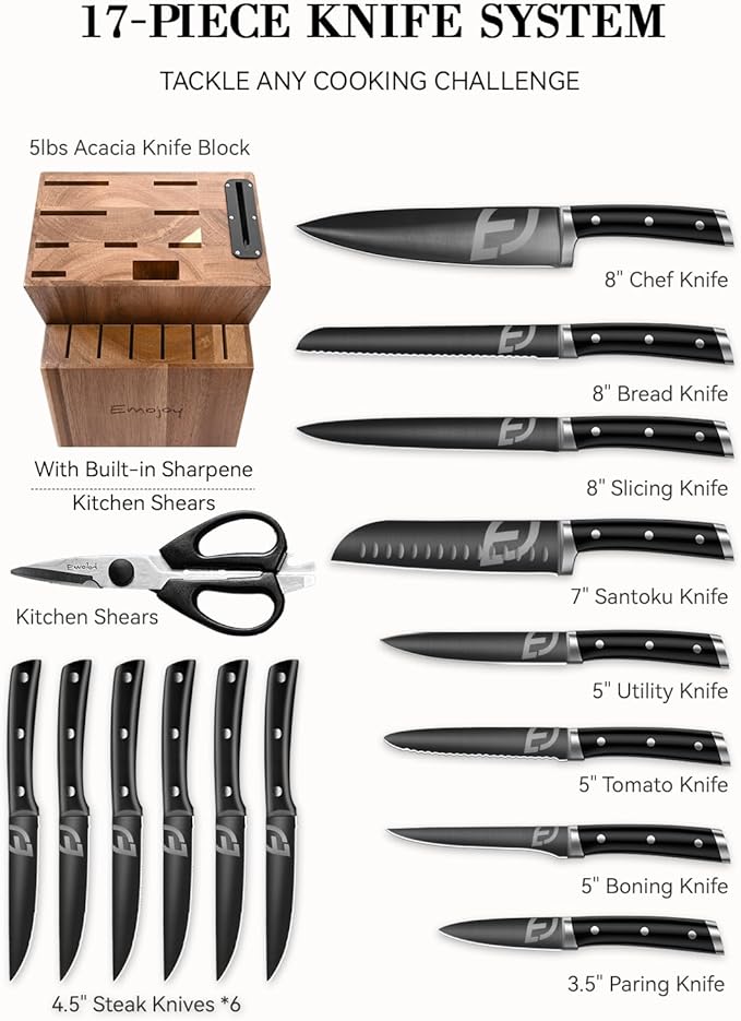 Emojoy Knife Set, Kitchen Knife Set with Block – 17 PCS German Titanium Steel Knives with Heavy-Duty Acacia Wood Block and Built-in Sharpener for Home Cooking, Dishwasher Safe