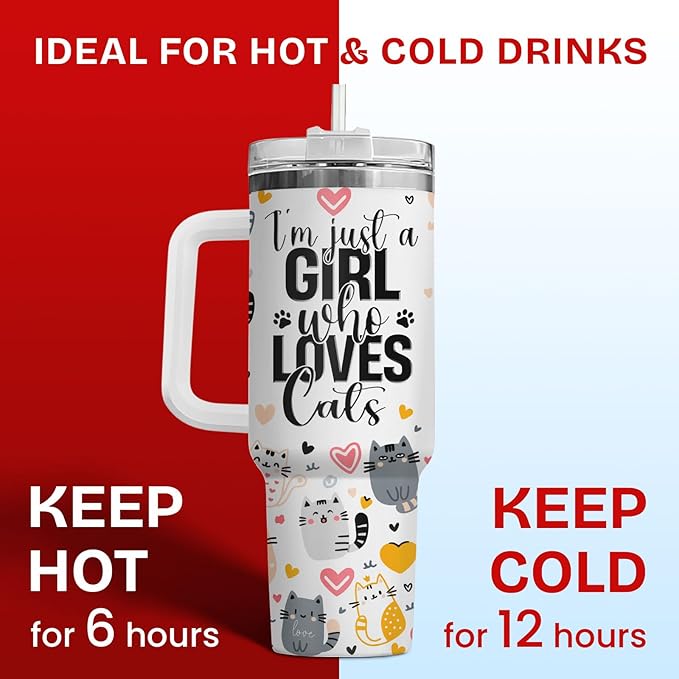 34HD Just A Girl Who Loves Cats Tumbler with Handle and Straw, 40oz Stainless Steel Vacuum Insulated Coffee Mug with Cats, Cat Mom Gifts for Women Birthday Mothers Day Christmas