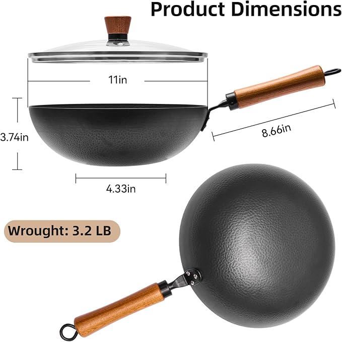 11 Inch Iron Wok, Cold-Forged Iron Wok with Glass Lid, Heavy-Duty Stir Fry Pan, Round Bottom Wok Pan with Wooden Handle for Gas Stoves and Round-Bottom Induction Stovetop